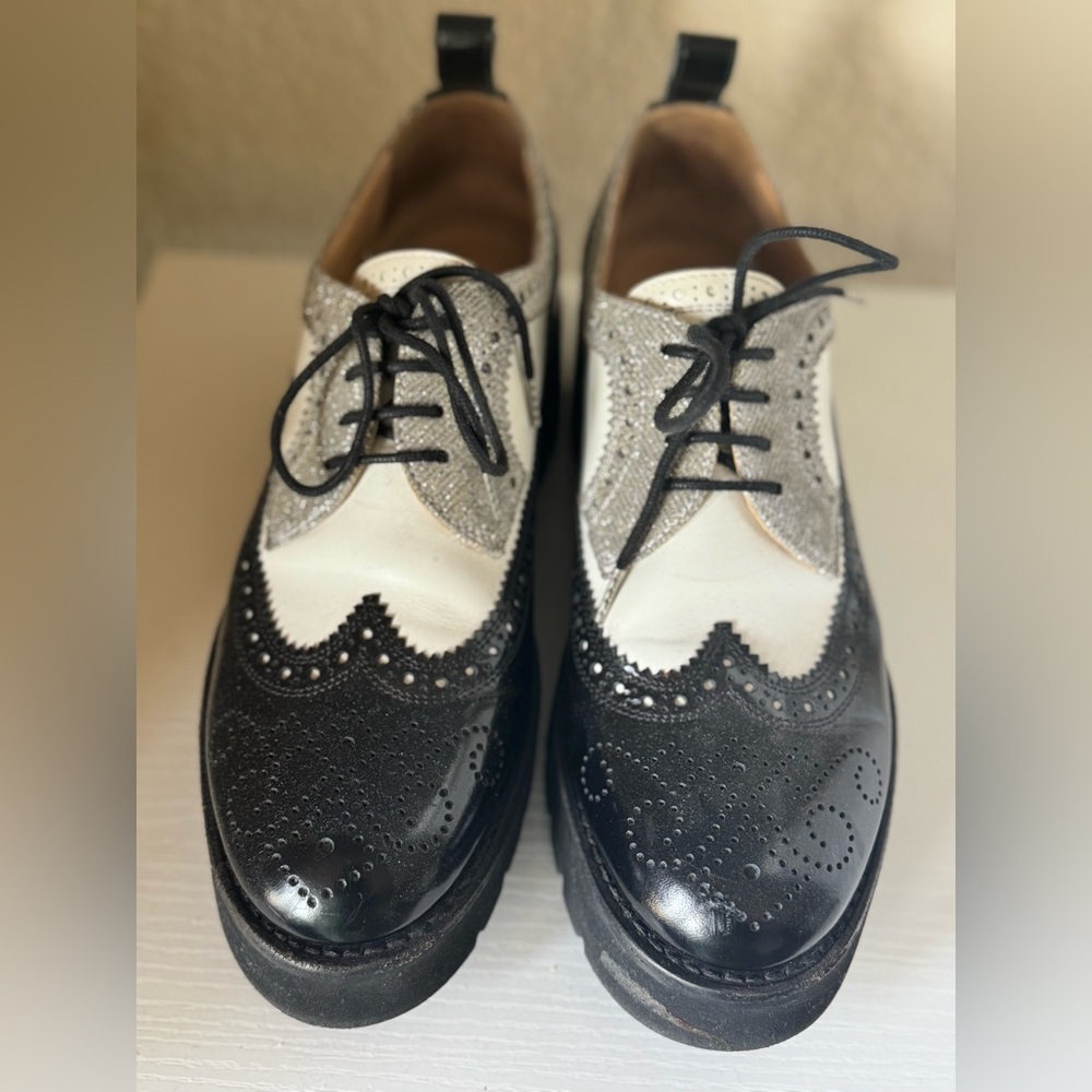 Women's Black and White Wingtip Loafers with Sparkle Panels